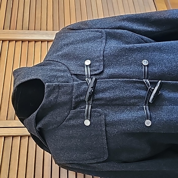 Liz Claiborne wool hooded long jacket zipper front decorative buttons Large - Picture 2 of 11